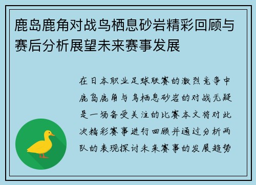 鹿岛鹿角对战鸟栖息砂岩精彩回顾与赛后分析展望未来赛事发展